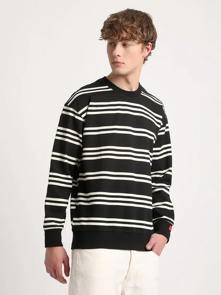 Men Black Striped Relaxed Fit Sweatshirt