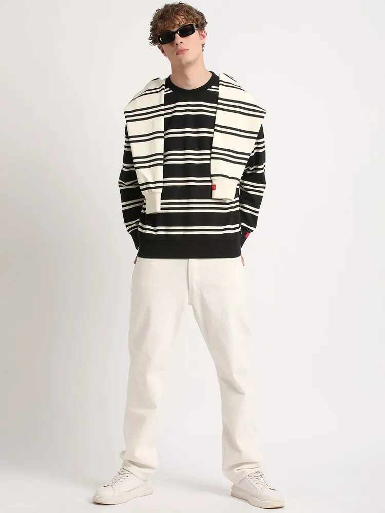 Men Black Striped Relaxed Fit Sweatshirt