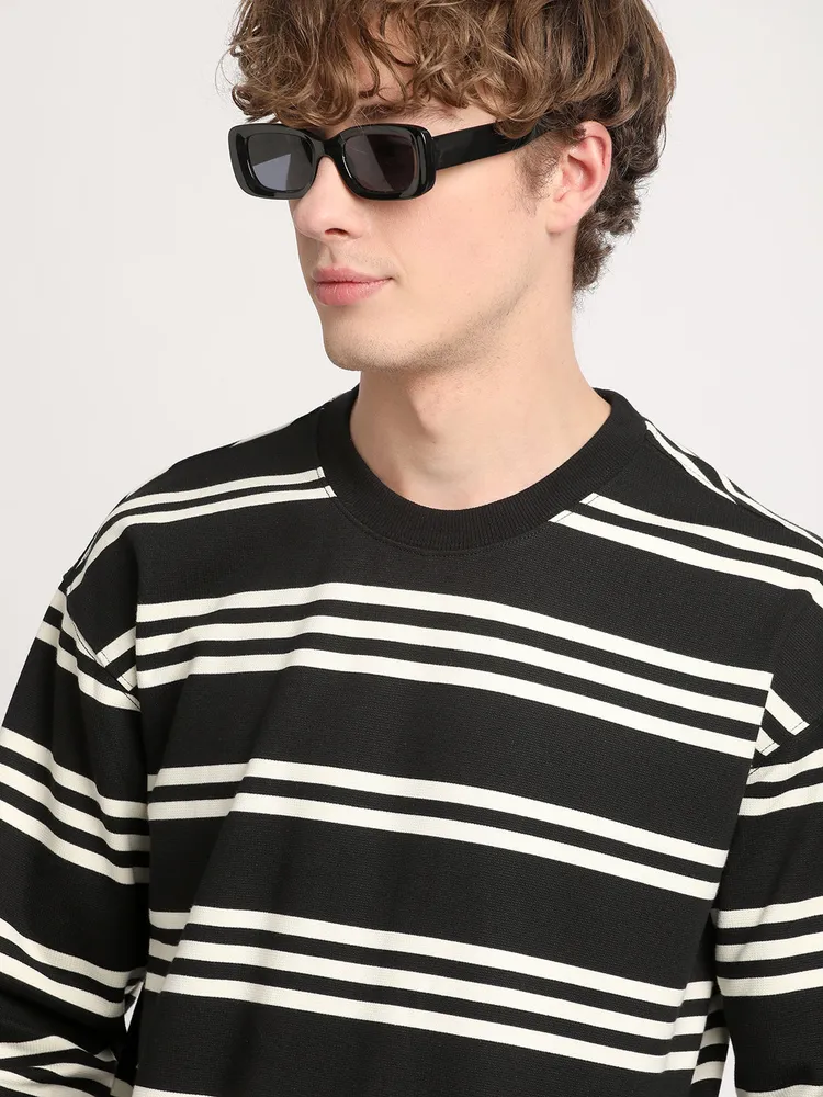 Men Black Striped Relaxed Fit Sweatshirt