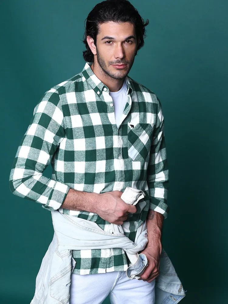 Men Green Checked Slim Fit Flannel Cotton Casual Shirt