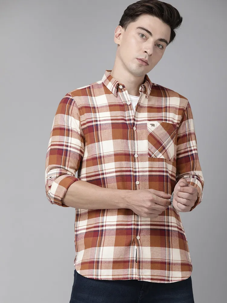 Men Slim Button-down Flannel Shirt