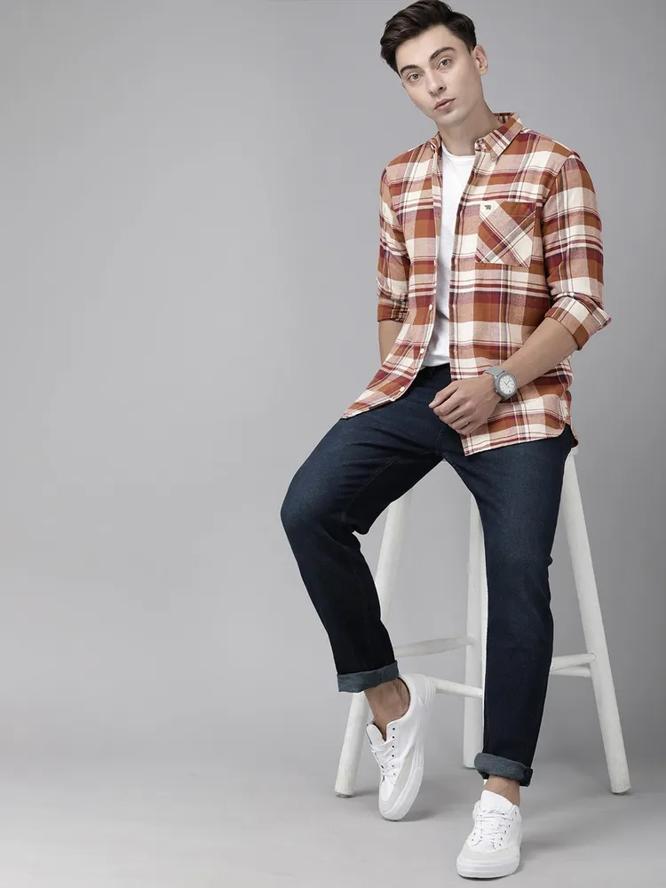 Men Slim Button-down Flannel Shirt
