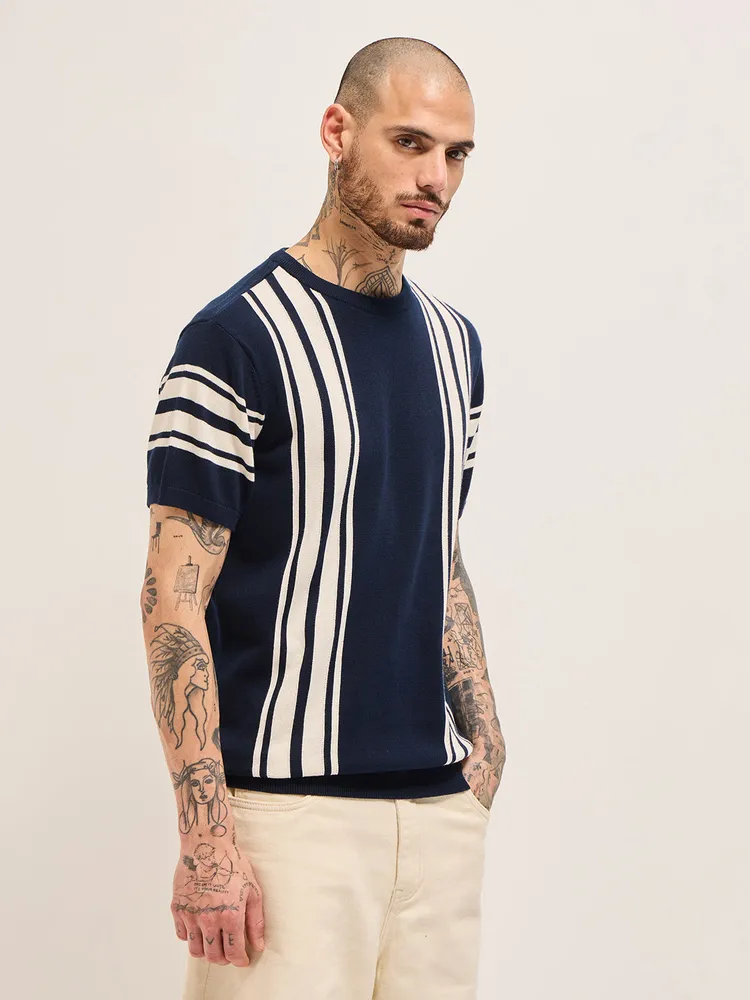 Blue with White Knitted Stripe Regular Fit Crew Neck T-shirt