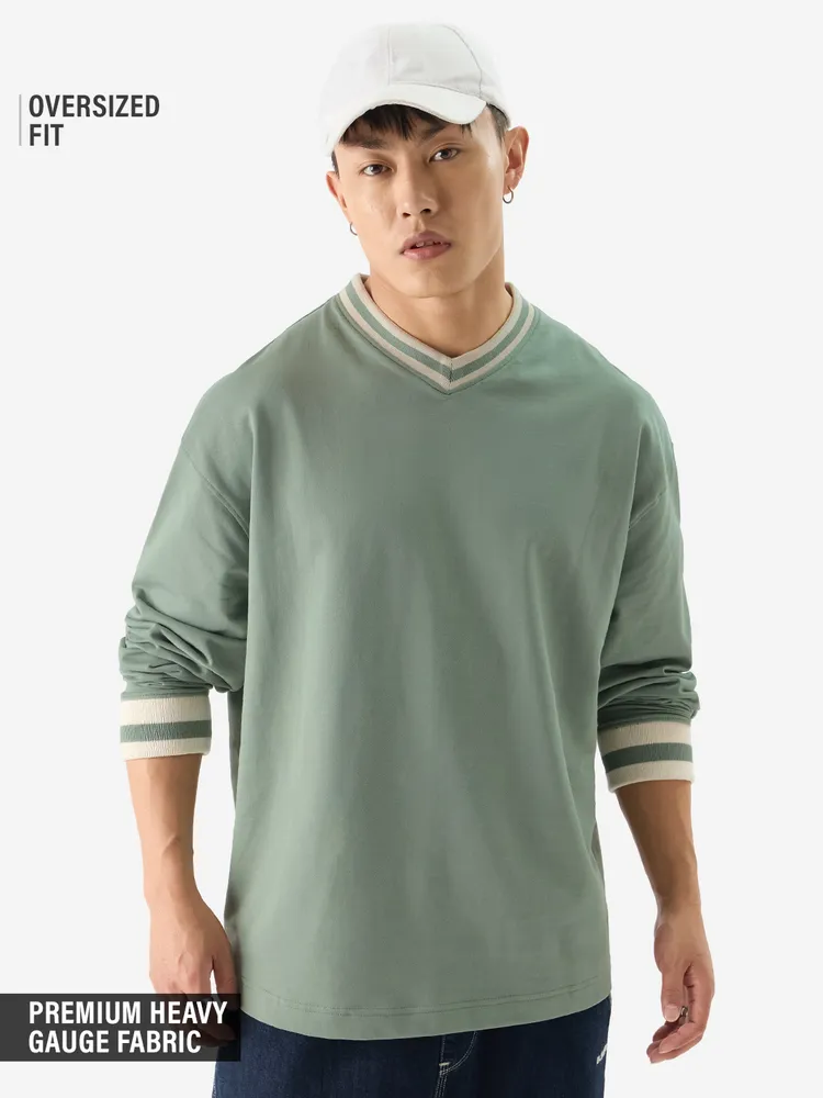 The Souled Store Solids: Sage Green Oversized Full Sleeve T-Shirts