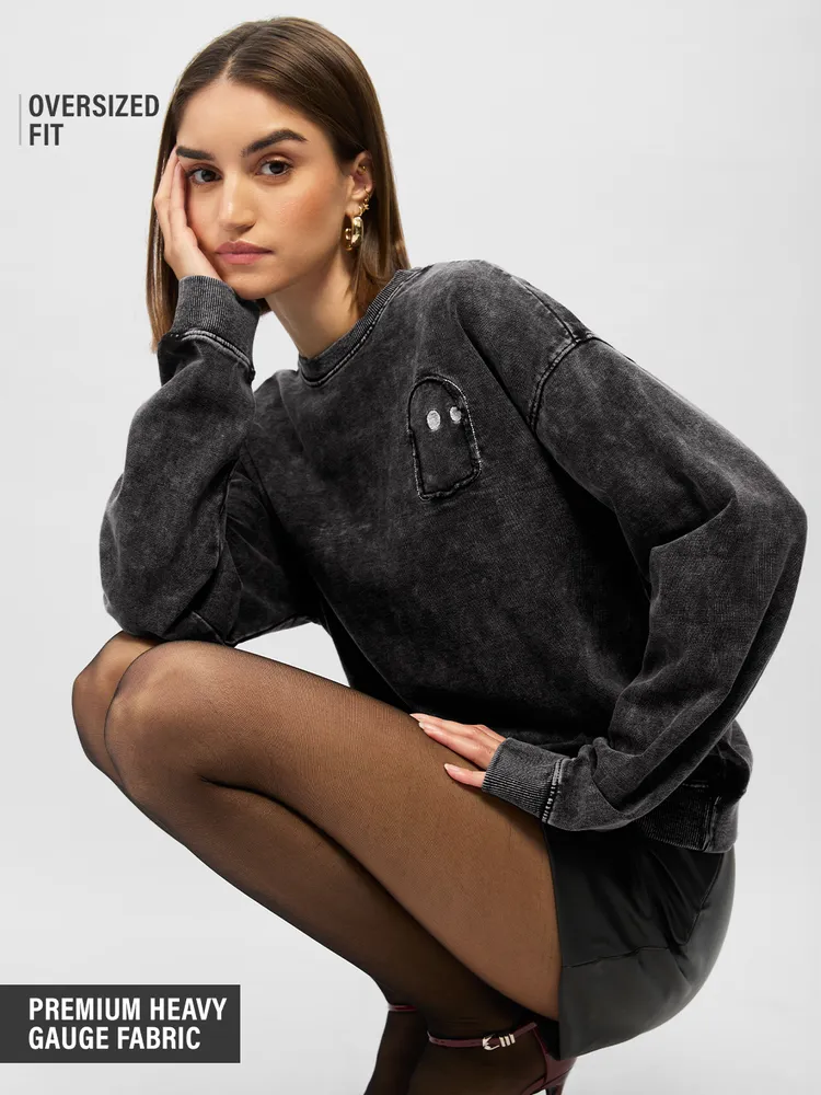 The Souled Store Acid Wash: Graphite Women Oversized Sweatshirts