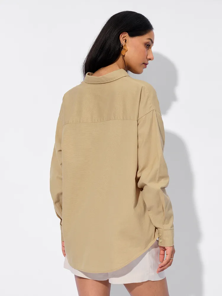 The Souled Store Cotton Linen Shirt: Almondine Women Boyfriend Shirts