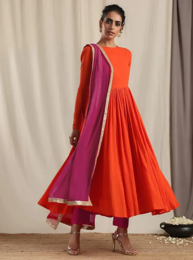 Orange Crinkle Anarkali Kurta Pant Dupatta Set