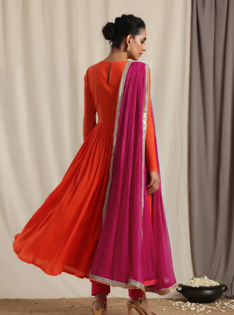 Orange Crinkle Anarkali Kurta Pant Dupatta Set