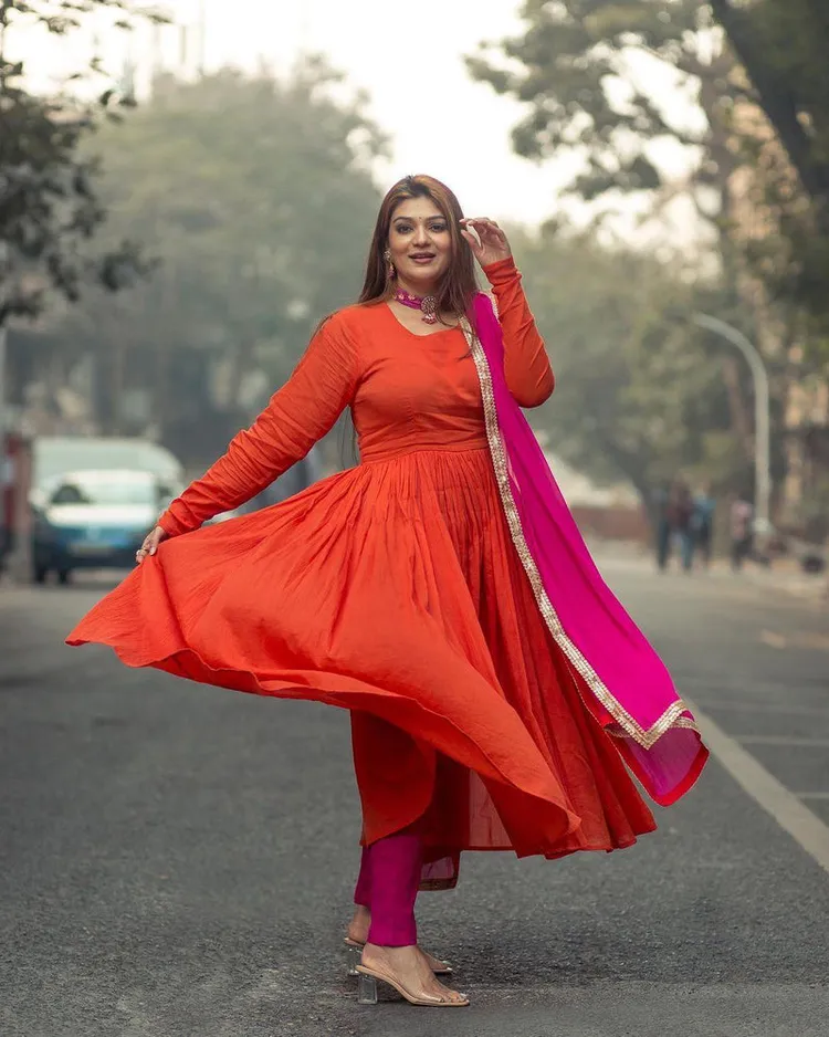 Orange Crinkle Anarkali Kurta Pant Dupatta Set
