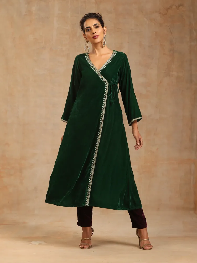True Browns Green Velvet Embroidered Angrakha Kurta
