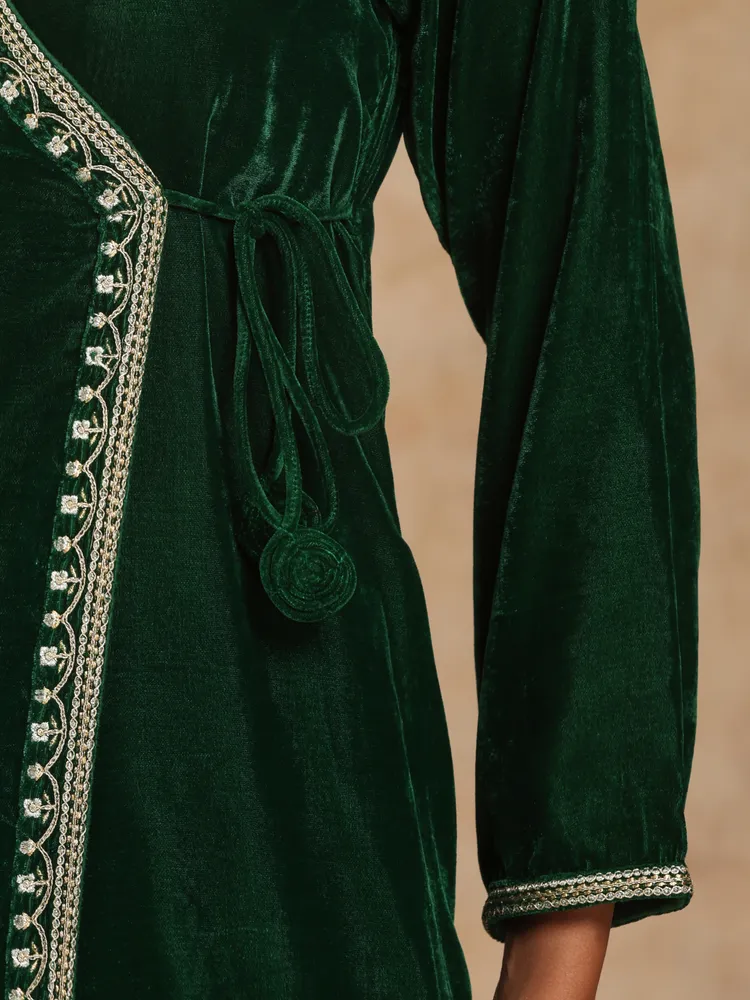 True Browns Green Velvet Embroidered Angrakha Kurta
