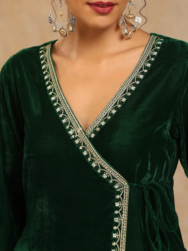 True Browns Green Velvet Embroidered Angrakha Kurta