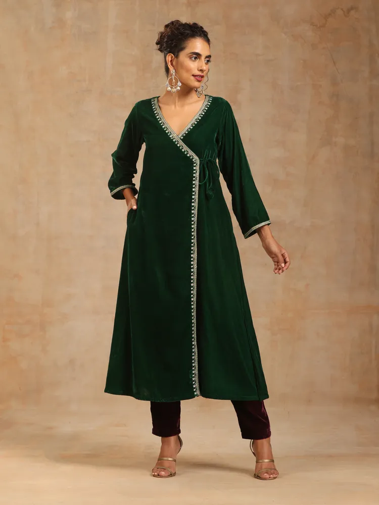 True Browns Green Velvet Embroidered Angrakha Kurta