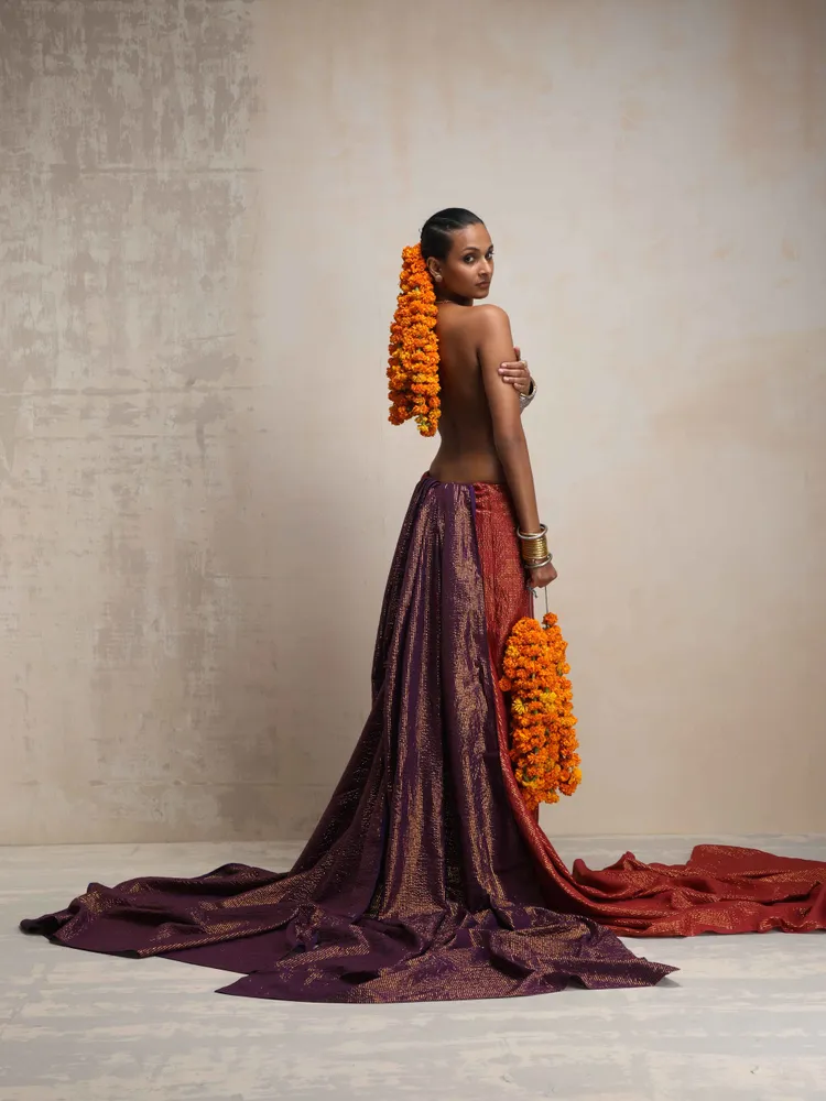 True Browns Purple Gold Lurex Ready To Wear Saree