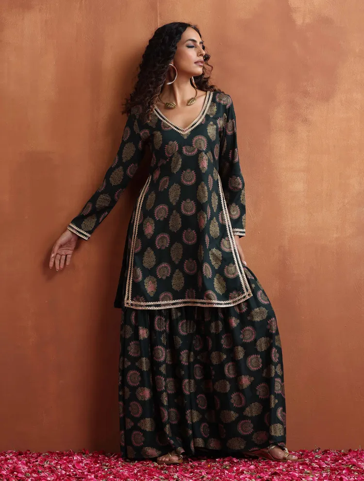 True Browns Green Foil Print Sharara Set