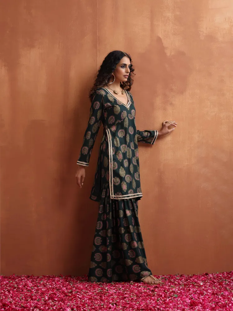 True Browns Green Foil Print Sharara Set