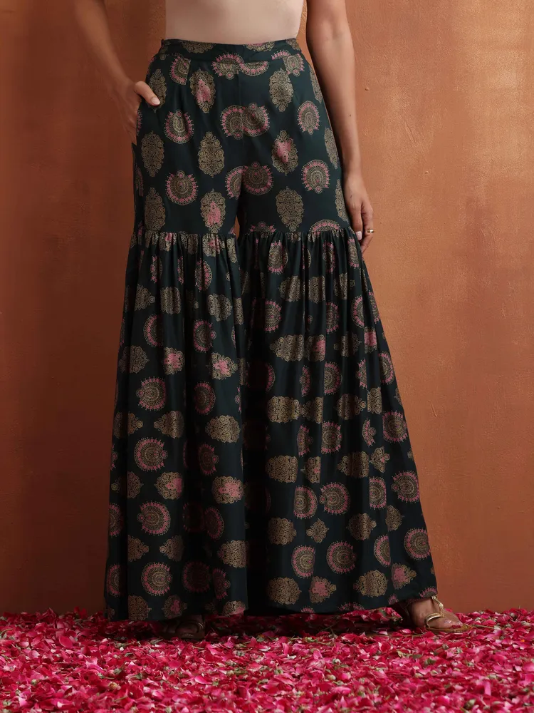 True Browns Green Foil Print Sharara Set