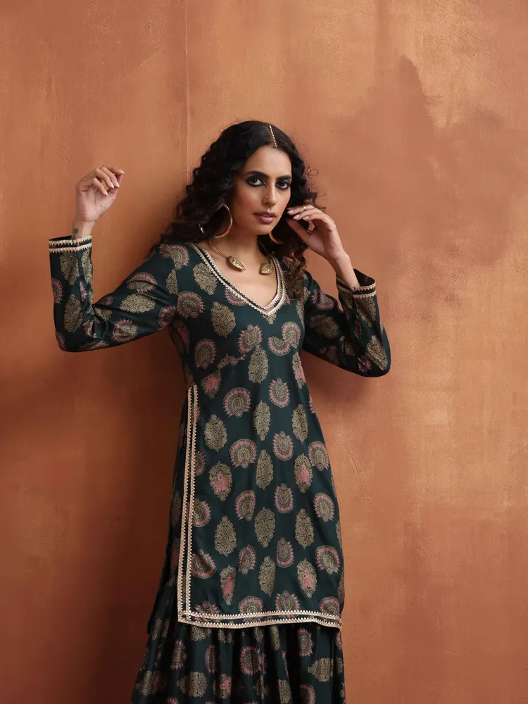 True Browns Green Foil Print Sharara Set