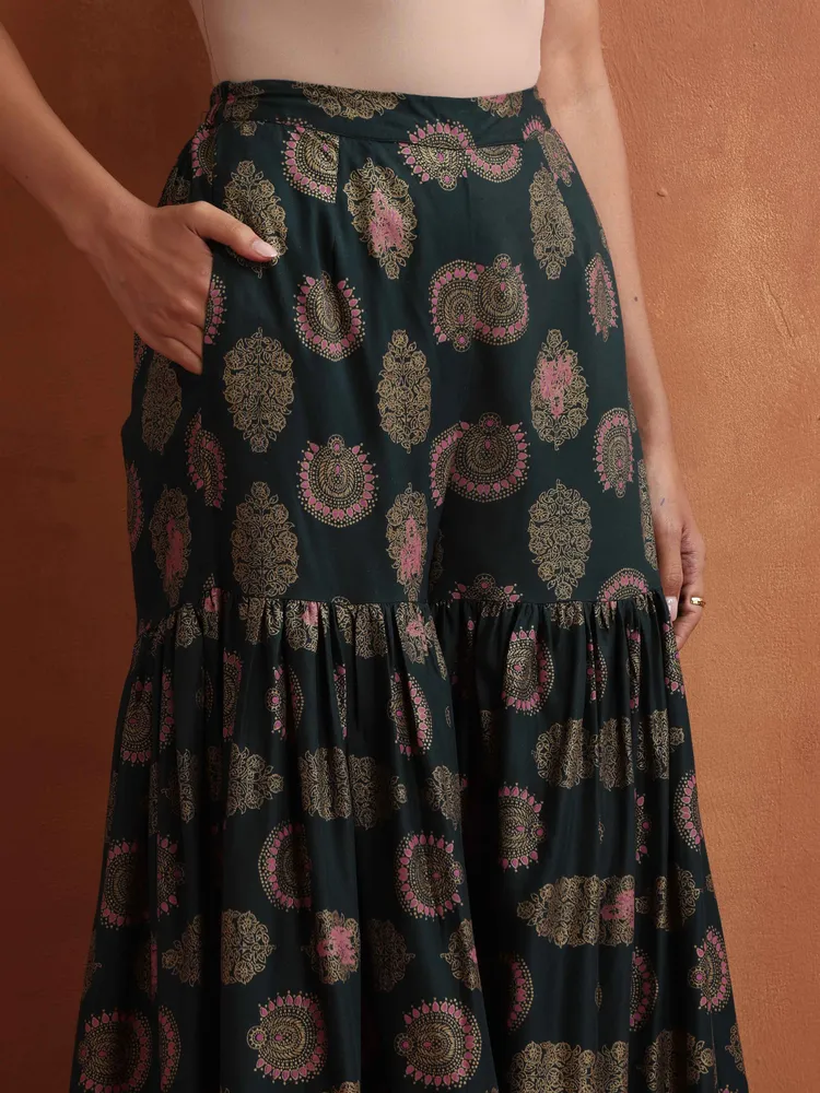 True Browns Green Foil Print Sharara Set