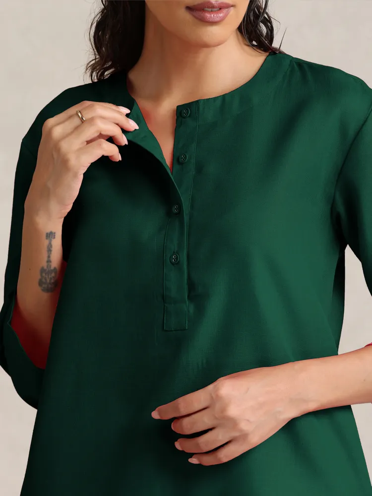 True Browns Dark Green Cotton Blend Short Kurta