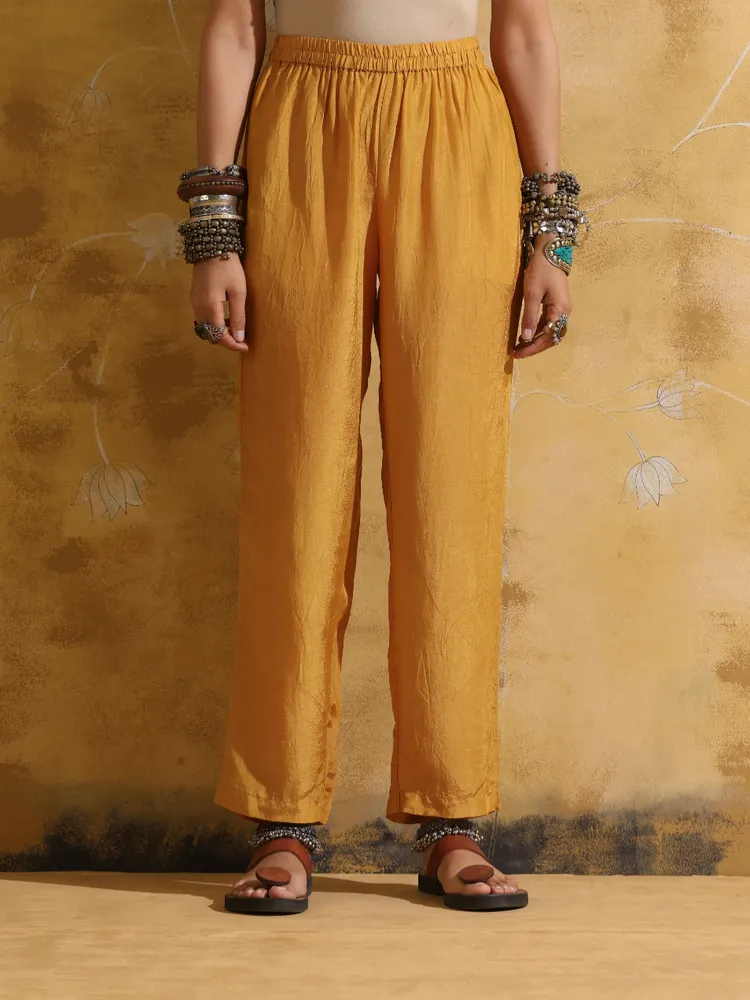 True Browns Mustard Muslin Silk A-line Kurta Pant Set