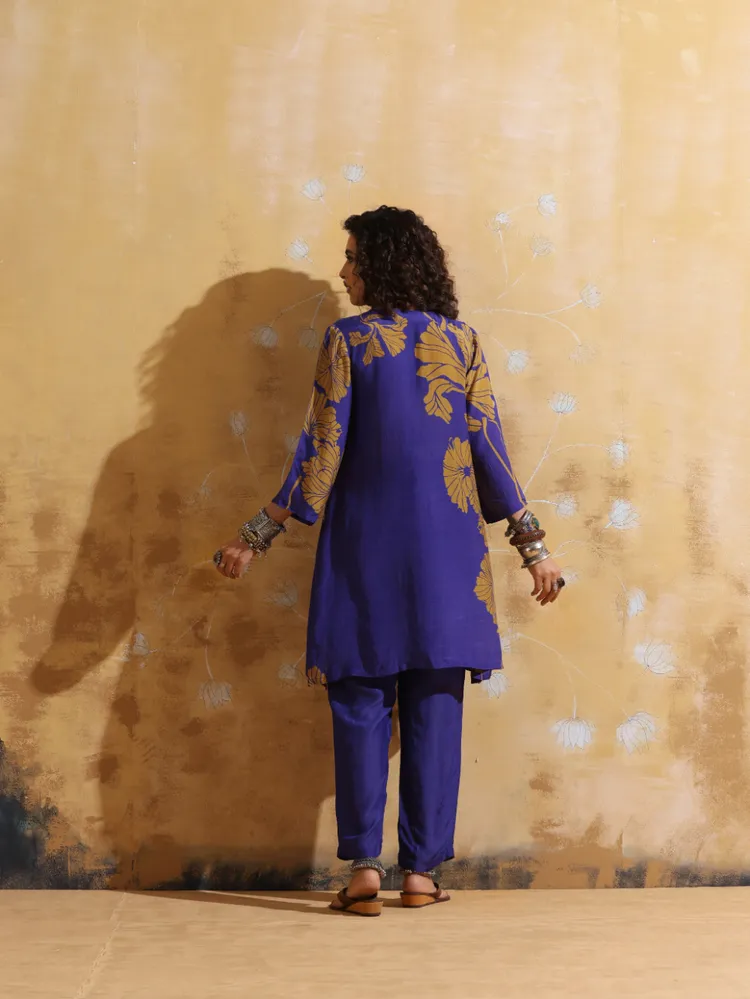 True Browns Purple Mustard Floral Print Muslin Silk A-line Kurta Co-ord Set