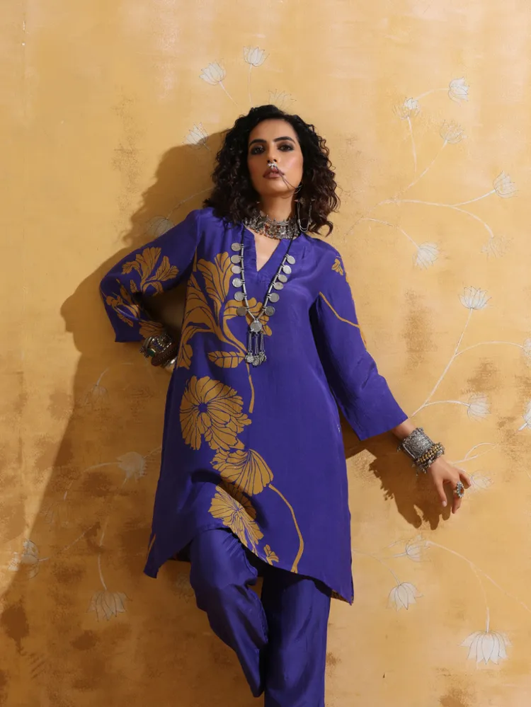 True Browns Purple Mustard Floral Print Muslin Silk A-line Kurta Co-ord Set