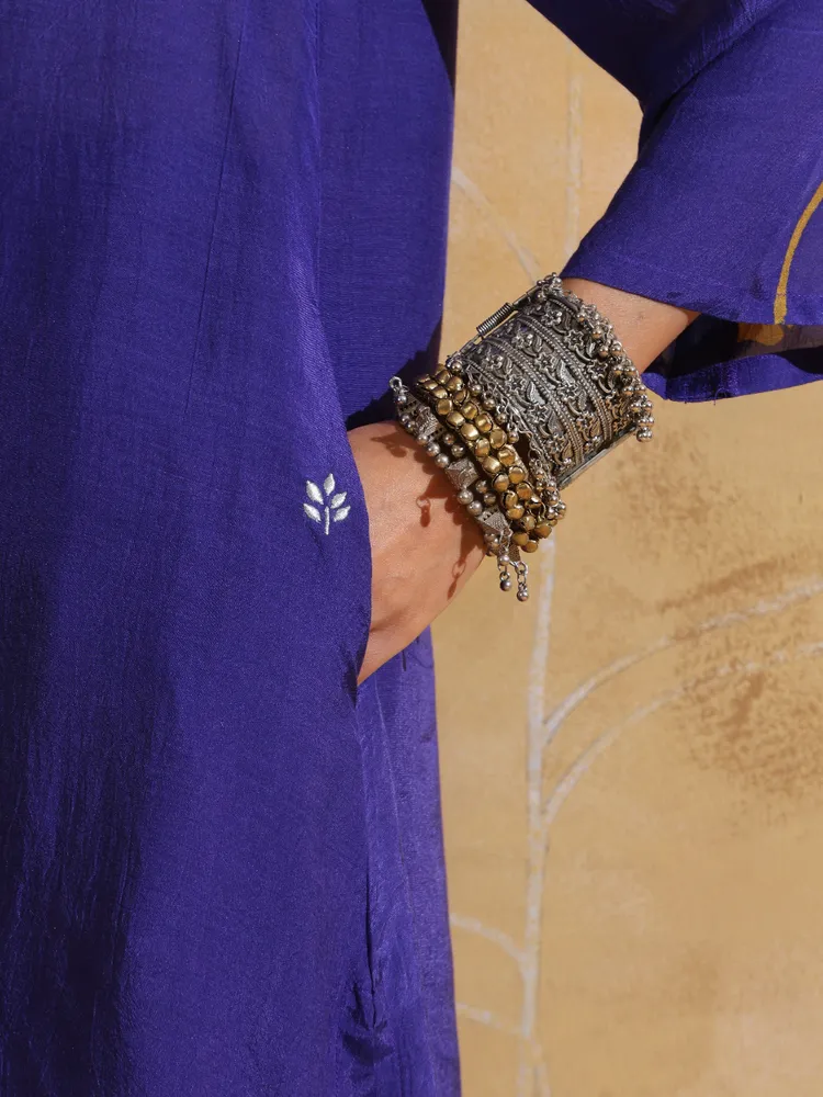 True Browns Purple Mustard Floral Print Muslin Silk A-line Kurta Co-ord Set