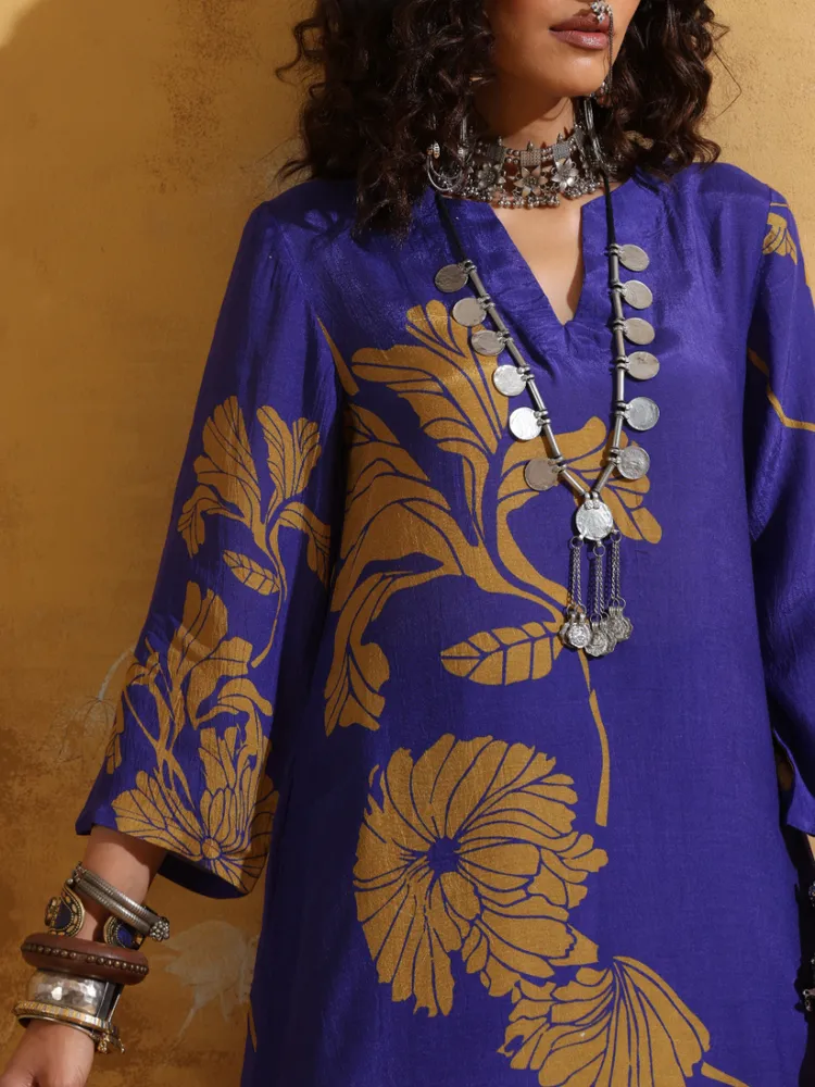 True Browns Purple Mustard Floral Print Muslin Silk A-line Kurta Co-ord Set