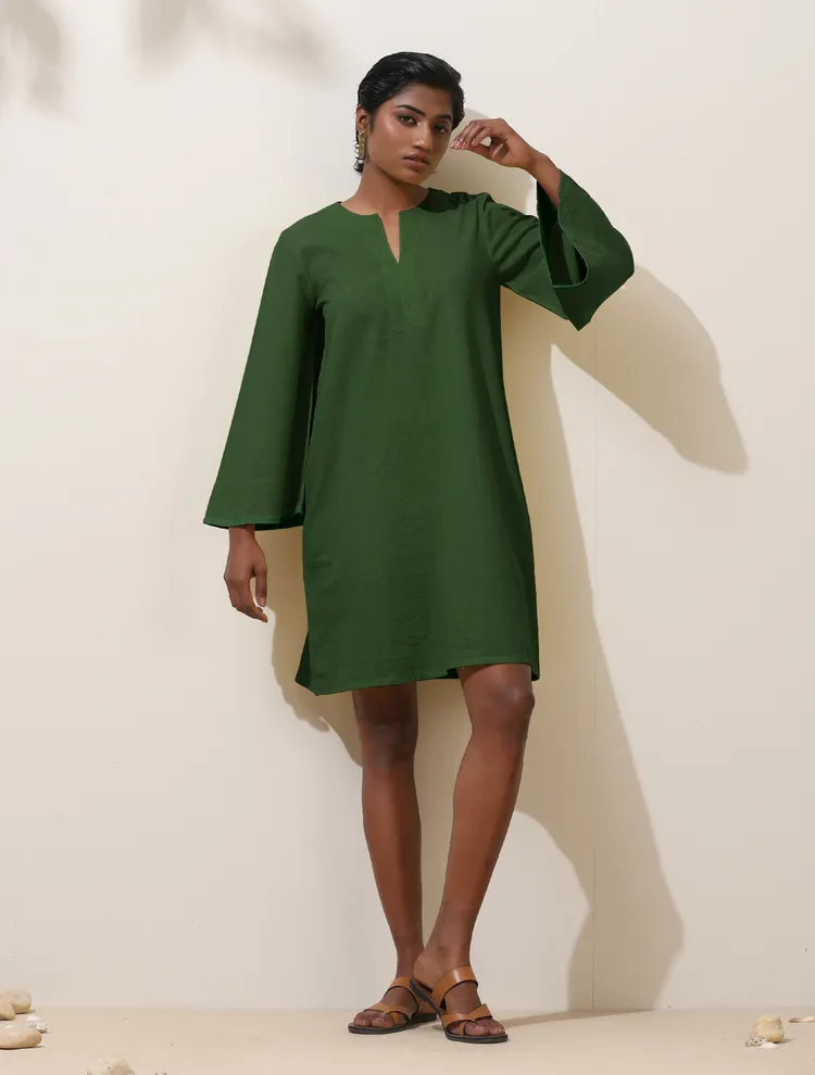 True Browns Green Cotton Blend Short Dress