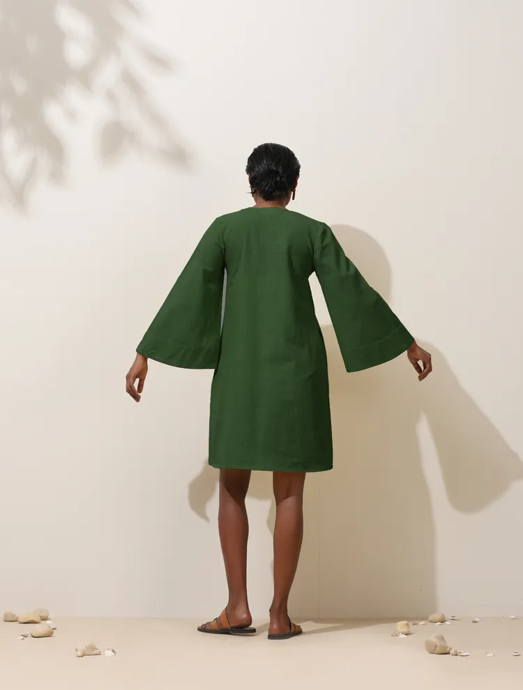 True Browns Green Cotton Blend Short Dress