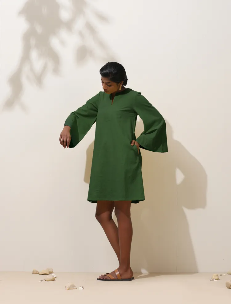 True Browns Green Cotton Blend Short Dress
