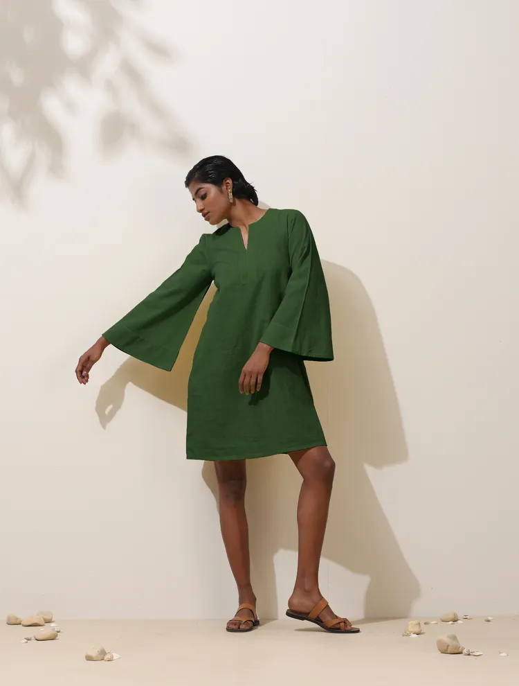 True Browns Green Cotton Blend Short Dress