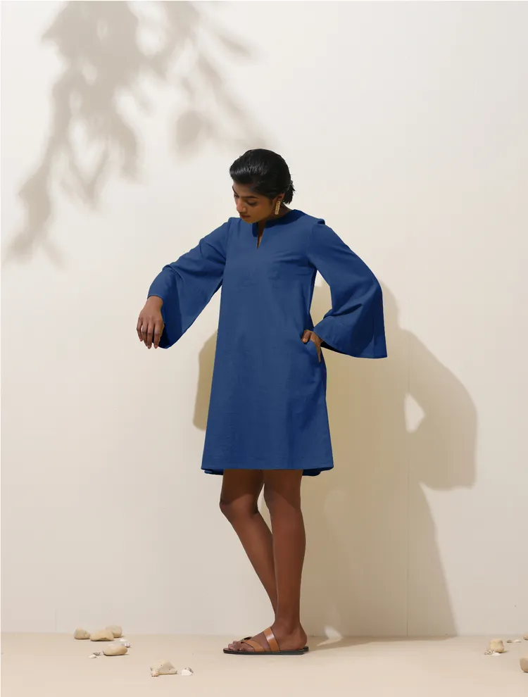 True Browns Blue Cotton Blend Short Dress