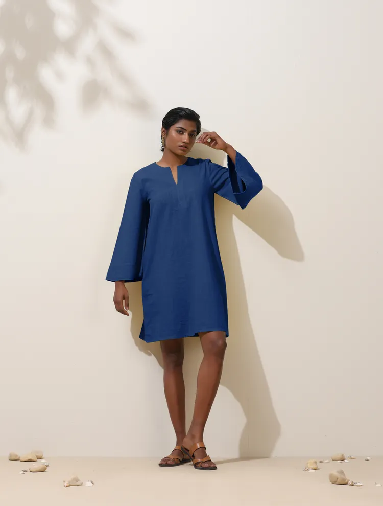 True Browns Blue Cotton Blend Short Dress