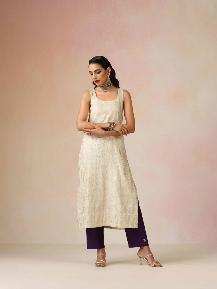 True Browns Ivory Brocade Sleeveless Straight Kurta Set