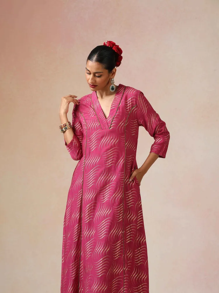 True Browns Pink Gold Foil Print Muslin Silk A-line Kurta Set