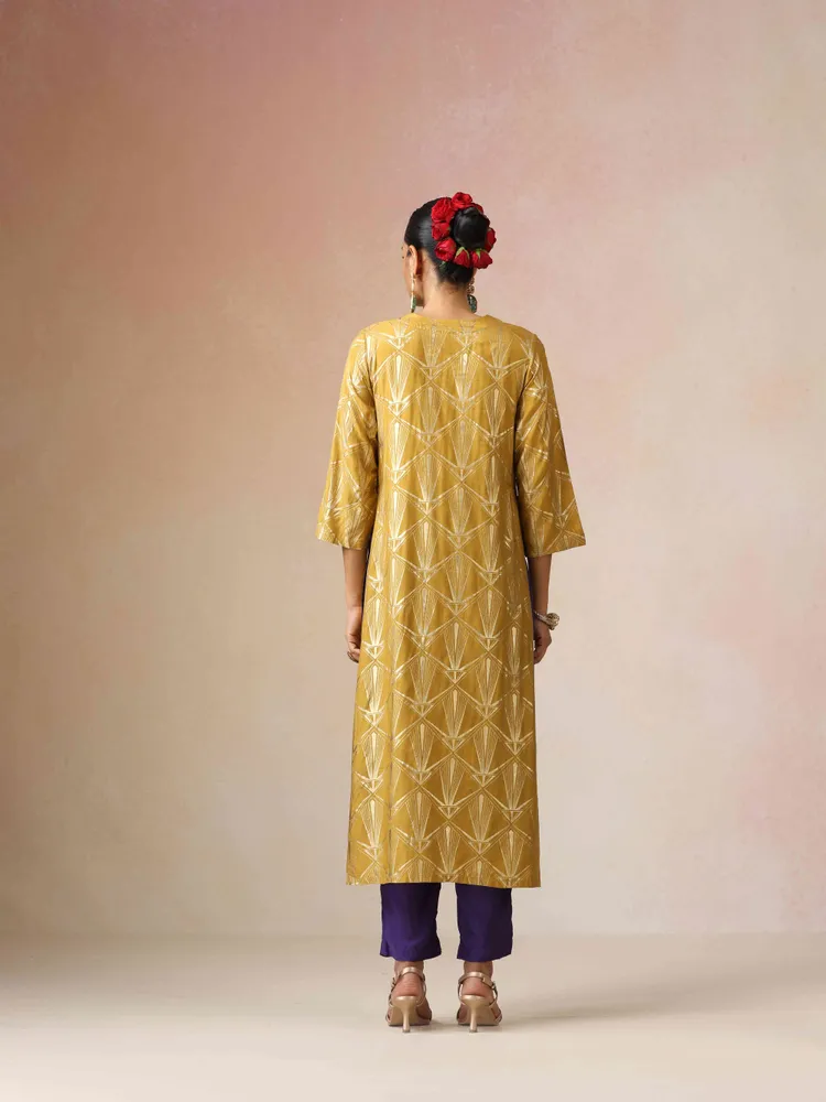 True Browns Mustard Gold Foil Print Muslin Silk Straight High-Slit Kurta Set
