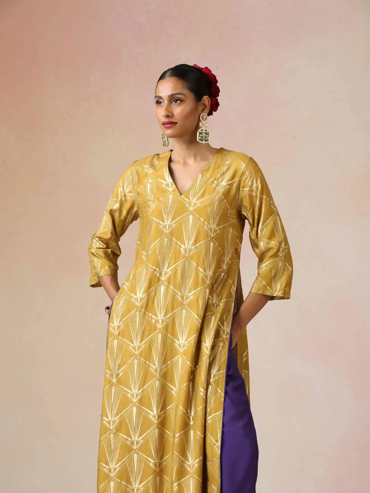 True Browns Mustard Gold Foil Print Muslin Silk Straight High-Slit Kurta Set
