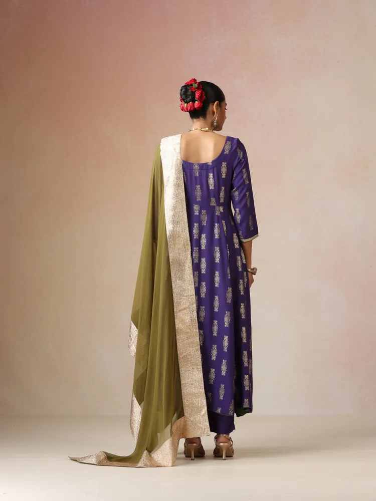 True Browns Purple Gold Foil Print Muslin Silk Anarkali Kurta Pants Dupatta Set