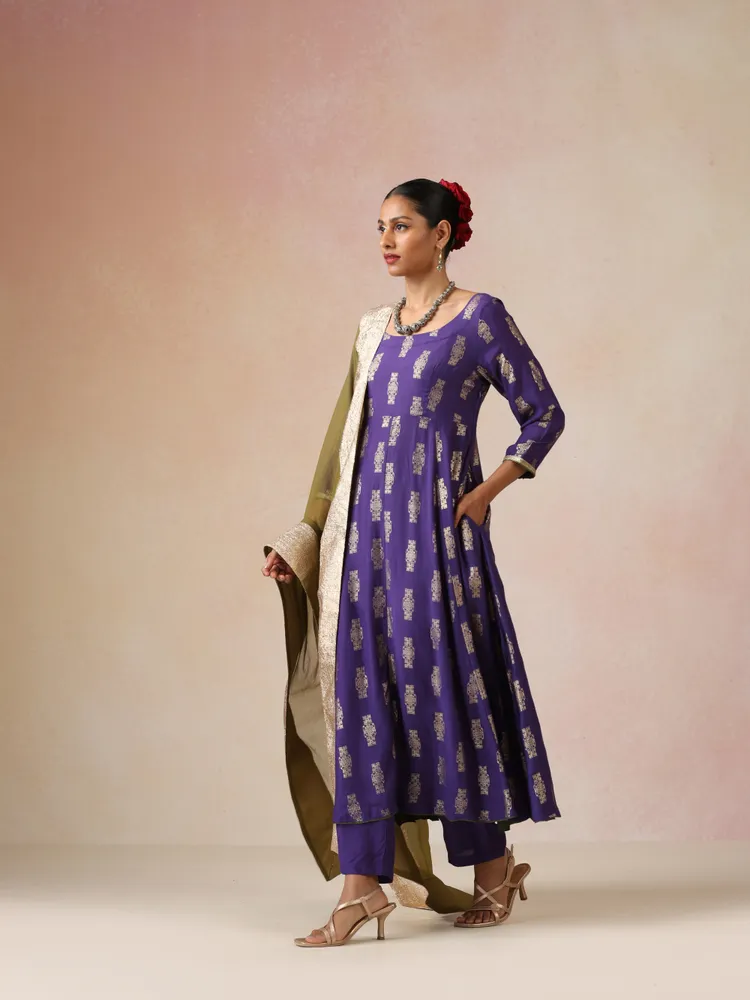 True Browns Purple Gold Foil Print Muslin Silk Anarkali Kurta Pants Dupatta Set