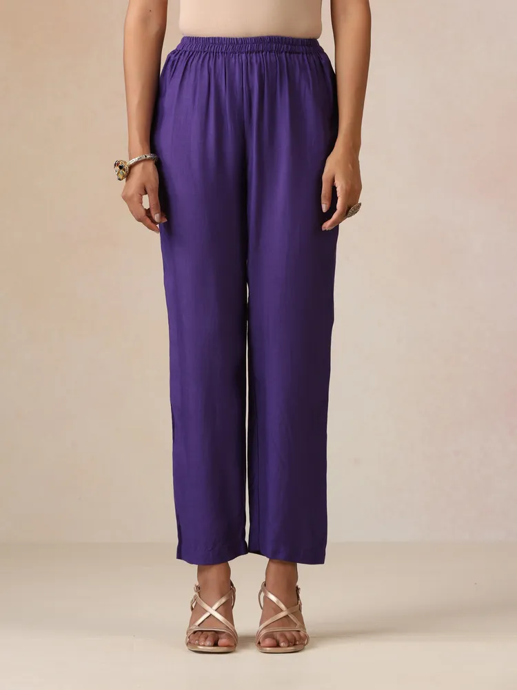 True Browns Purple Gold Foil Print Muslin Silk Anarkali Kurta Pants Dupatta Set