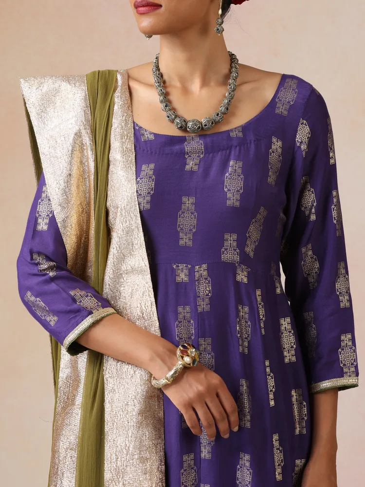 True Browns Purple Gold Foil Print Muslin Silk Anarkali Kurta Pants Dupatta Set