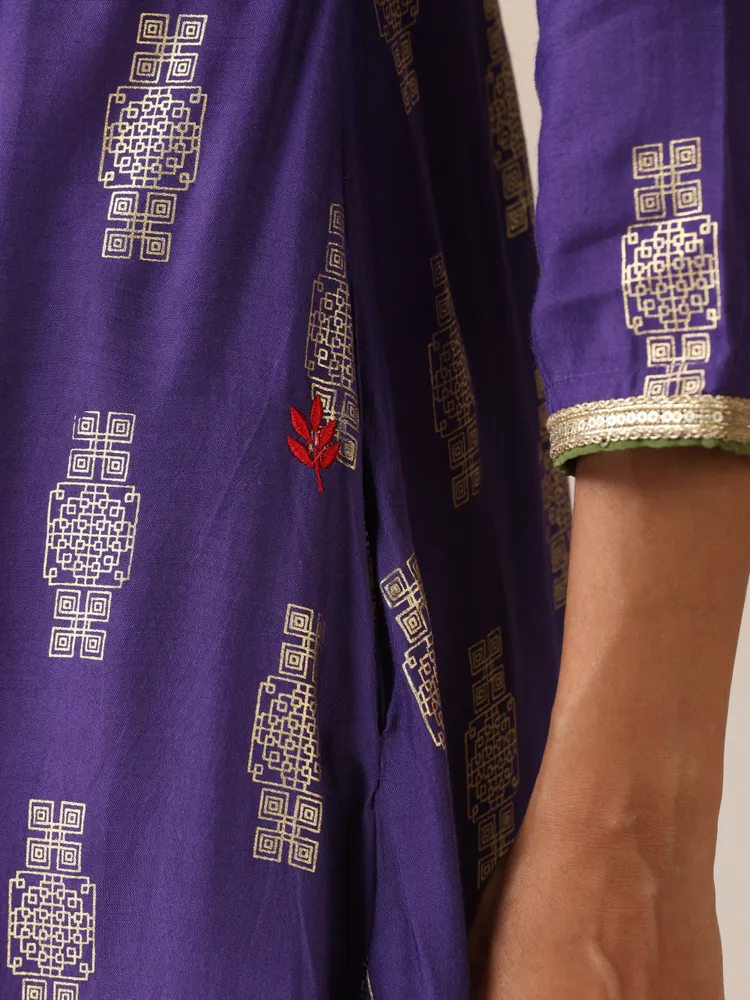 True Browns Purple Gold Foil Print Muslin Silk Anarkali Kurta Pants Dupatta Set