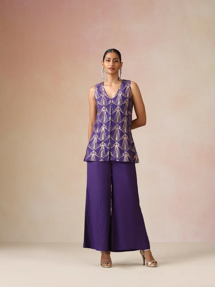 True Browns Purple Rose-Gold Foil Print Jacket and Flared Pants Co-ord Set