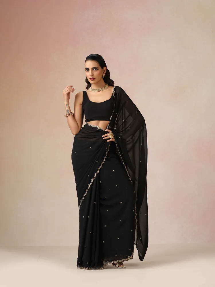 True Browns Black Georgette Embroidered Saree With unstitched Blouse