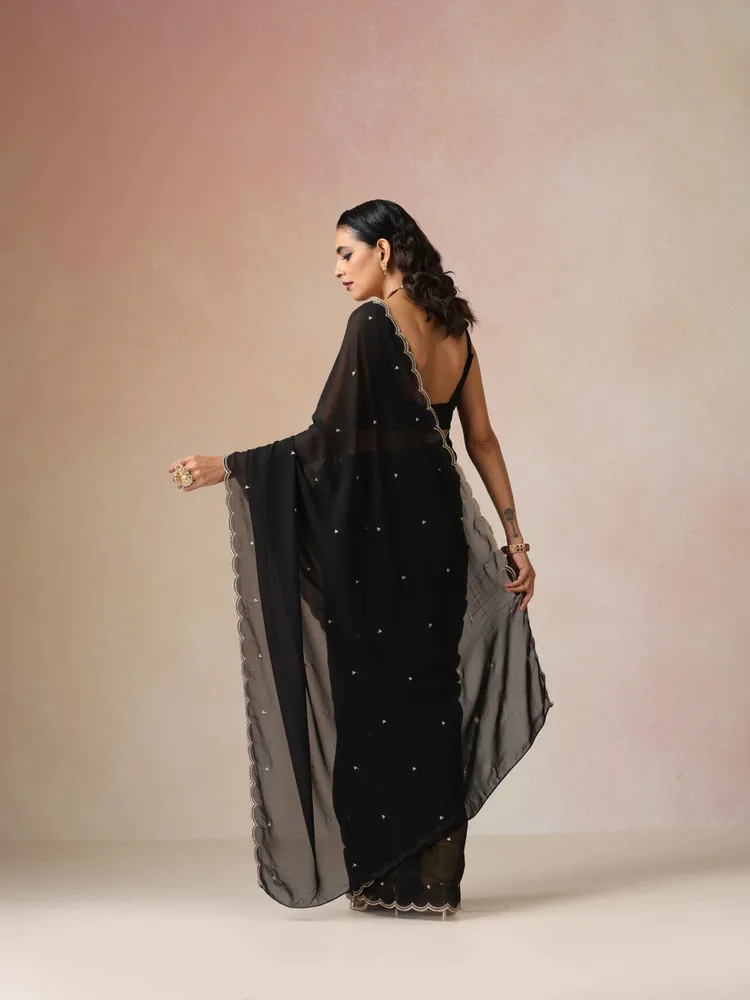 True Browns Black Georgette Embroidered Saree With unstitched Blouse