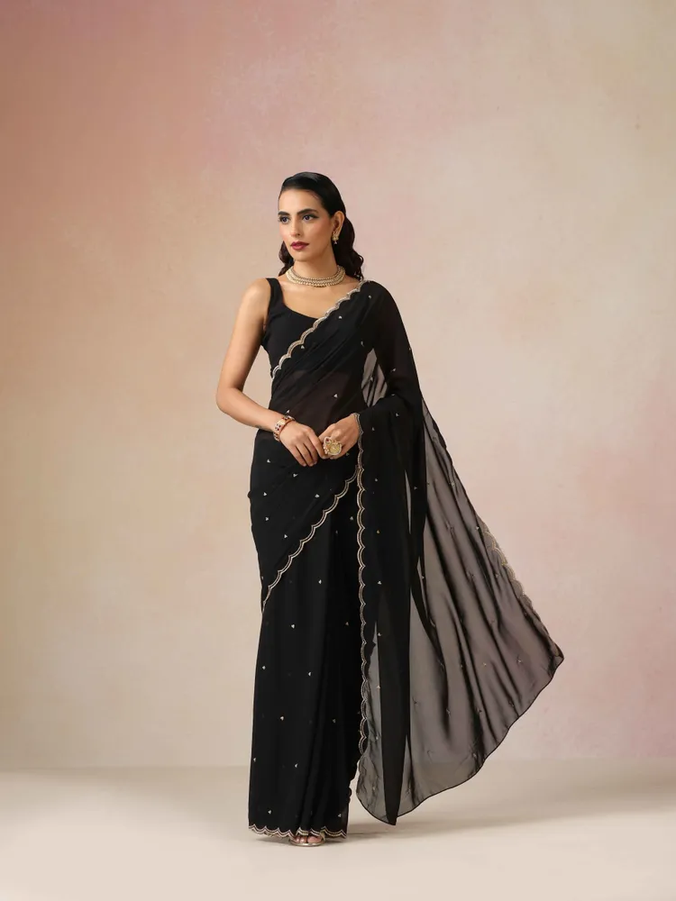 True Browns Black Georgette Embroidered Saree With unstitched Blouse