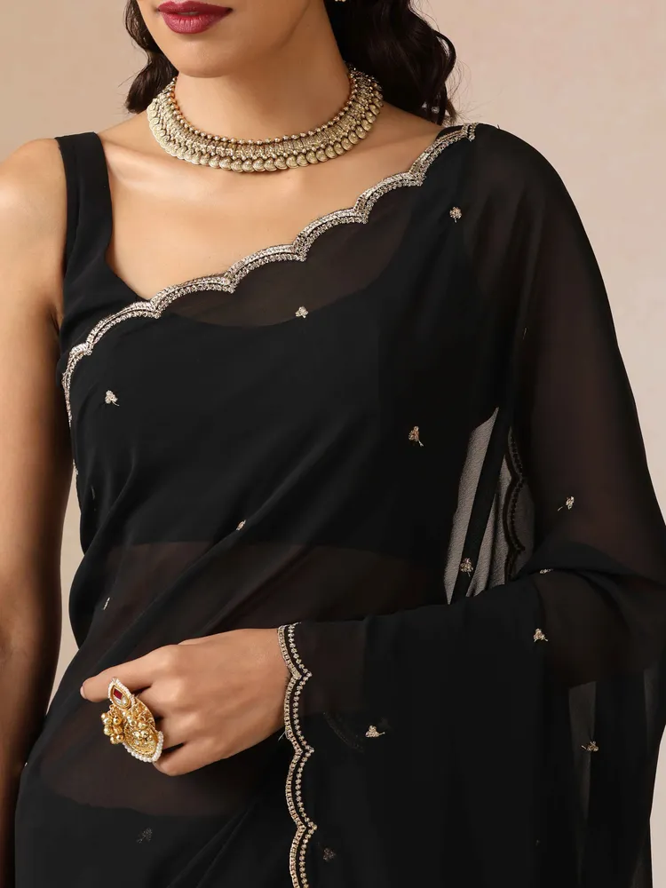 True Browns Black Georgette Embroidered Saree With unstitched Blouse