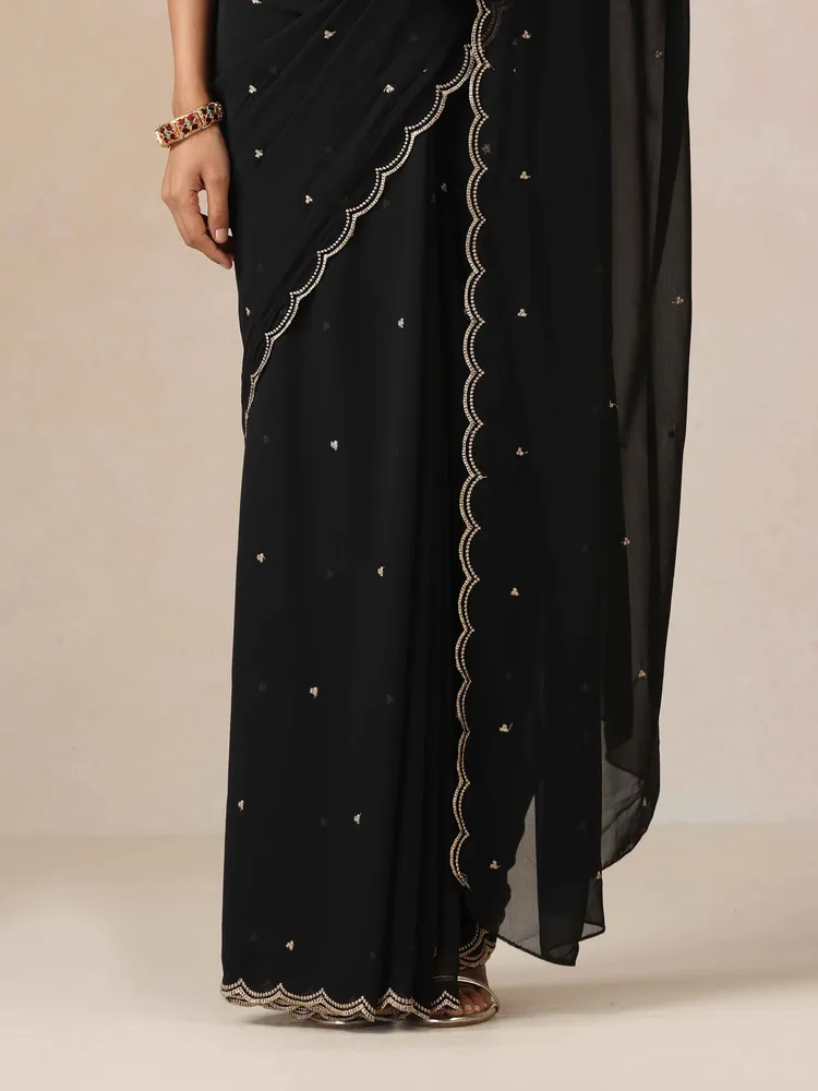 True Browns Black Georgette Embroidered Saree With unstitched Blouse
